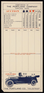Euchre score sheet, compliments of The Portland Company, Cole-Six Automobile, Portland, Maine, 1914