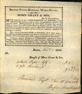 Billhead for Moses Grant & Son, paper-hangings and borders, No. 6 Union Street, Boston, Mass., dated November 23, 1810