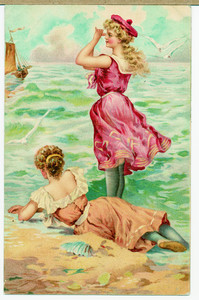 Card with girls in bright bathing costumes on the shore, location unknown, undated
