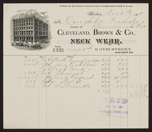 Billhead for the Cleveland, Brown & Co., neck wear, 11 Otis Street, Winthrop Square, Boston, Mass., dated November 6, 1891