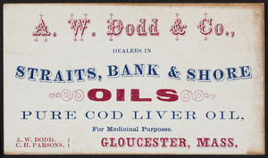 Trade card for Straits, Bank & Shore Oils, pure cod liver oil, A.W. Dodd & Co., Gloucester, Mass., undated