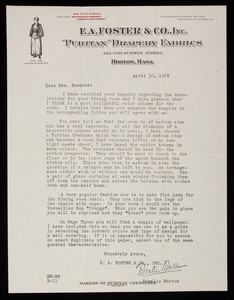 Letterhead for F.A. Foster and Company, Inc., Puritan Drapery Fabrics, 322-330 Summer Street, Boston, Mass., dated April 30, 1928