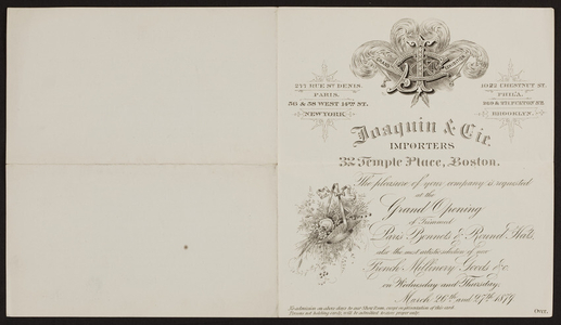 Invitation for Joaquin & Cie., importers, 32 Temple Place, Boston, Mass., 1879