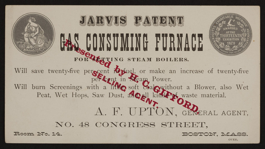 Trade card for the Jarvis Patent Gas Consuming Furnace for setting steam boilers, Jarvis Furnace Co., location unknown, undated