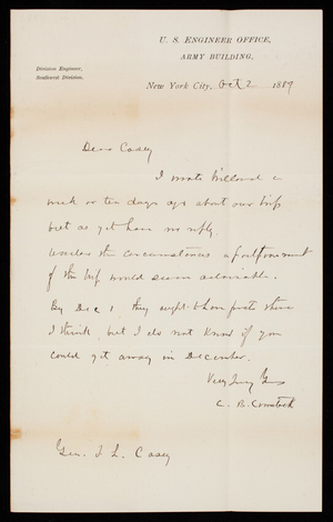 [Cyrus] B. Comstock to Thomas Lincoln Casey, October 2, 1889