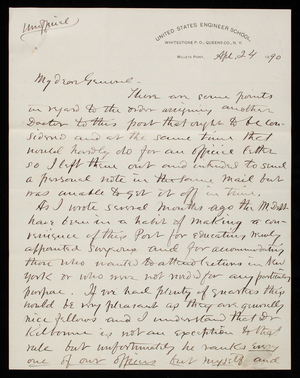 [William] R. King to Thomas Lincoln Casey, April 24, 1890