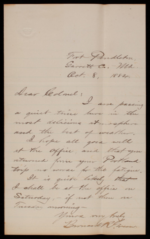 Bernard R. Green to Thomas Lincoln Casey, October 8, 1884