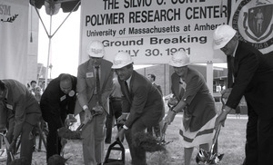 Ceremonial groundbreaking: group including Gov. William Weld (center), flanked by Stanley Rosenberg and Gordon Oakes (left) and Corinne Conte (right)
