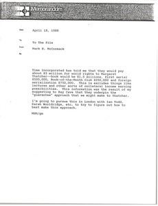 Memorandum from Mark H. McCormack concerning Margaret Thatcher