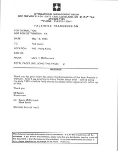 Fax from Mark H. McCormack to Rick Avory