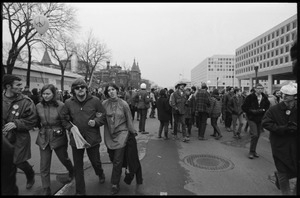 Protesters milling in the streets during the Counter-inaugural demonstrations, 1969