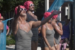Parade marchers dressed as synchronized swimming team : Provincetown Carnival parade
