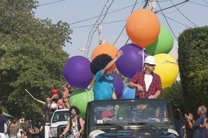 Parade marchers with large helium balloons : Provincetown Carnival parade