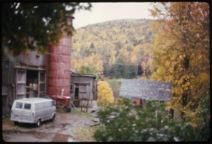 Barn at Montague Farm Commune with panel van and tractor (view from house looking south)
