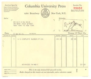 Invoice from Columbia University Press to W. E. B. Du Bois