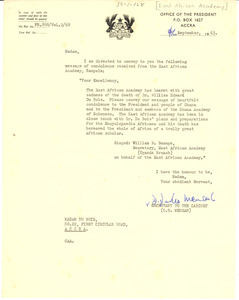 Letter from East African Academy to Shirley Graham Du Bois