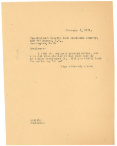 Letter from W. E. B. Du Bois to National Benefit Life Insurance Company