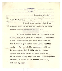 Letter from Mary White Ovington to W. E. B. Du Bois