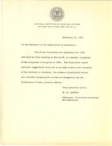 Circular letter from National Institute of Arts and Letters to W. E. B. Du Bois