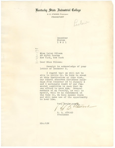 Letter from Kentucky State Industrial College to Daisy Wilson