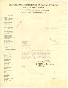 Letter from Pennsylvania Conference on Social Welfare to Augustus G. Dill