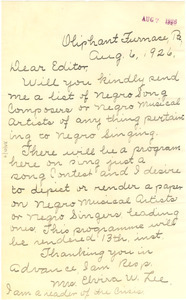 Letter from Elvira W. Lee to W. E. B. Du Bois