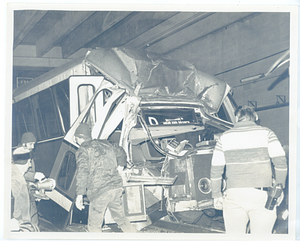 Unidentified Green Line collision, view in tunnel of damaged front of train