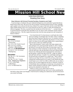Mission Hill School newsletter, November 9, 2012