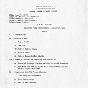 Agenda of a meeting of the Bilingual Master Parents Advisory Council field coordinators on January 29, 1986