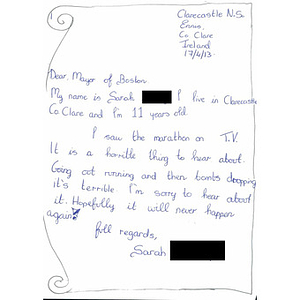 Handwritten Letter of Sympathy to the City of Boston from a 6th Grade Student at Clarecastle National School, Ireland.