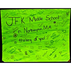 Signed poster from JFK Middle School (Northampton, MA) left at the Copley Square Memorial