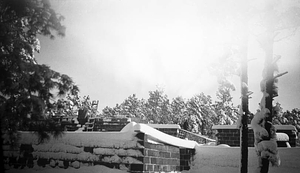 Pueblo of the Seven Fires under a blanket of snow during construction