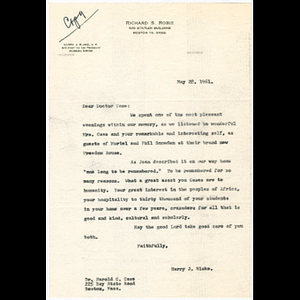 Letter from Harry J. Blake to Dr. Harold C. Case about Freedom House