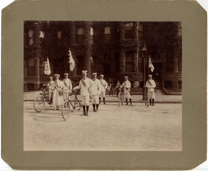 Bicycle paraders standing in formation for the Boston Bicycle Parade, Boston, Mass., 1896