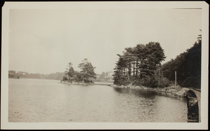 View of the railroad tracks along Spruce Creek and Ten pine Road with the Hotel Pepperrell in distance, Kittery Point, Maine.