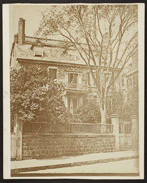Exterior view of the John Hancock House with Elizabeth Lowell Hancock (Moriarty) Wood, Beacon Street, Boston, Mass., 1858