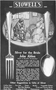 Trade advertisement for the John Alden silver pattern, sold at Stowell's, Boston, Mass., 1923
