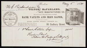 Billhead for Tilton, McFarland Safe Manufacturing Co., manufacturers of McFarland's Patent Bank Vaults and Iron Safes, 110 Sudbury Street, Boston, Mass., dated May 5, 1874