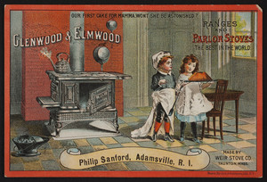 Trade card for Glenwood & Elmwood ranges and parlor stoves, Weir Stove Co., Taunton, Mass., undated