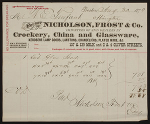 Billhead for Nicholson, Frost & Co., crockery, china, and glassware, 137 & 139 Milk and 2 & 4 Oliver Streets, Boston, Mass., dated August 30, 1879