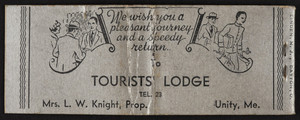 Matchbook for the Tourists' Lodge, Unity, Maine, undated