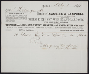 Billhead for Maguire & Campbell, manufacturers of sperm, elephant, whale and lard oils, Counting House, 100 State Street, Boston, Mass., dated February 1, 1861