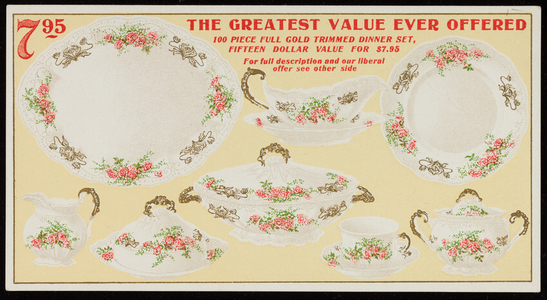 Trade card for Sears, Roebuck & Co., dinner sets, glassware, lamps, Chicago, Illinois, undated