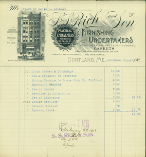 Billhead for S.S. Rich and Sons, undertakers, 162 Pearl Street, Portland, Maine, dated Nov. 27, 1917