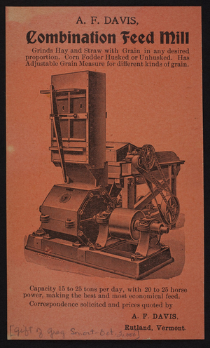 Trade card for A.F. Davis, combination feed mill, Rutland, Vermont, undated