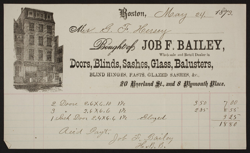 Billhead for Job F. Bailey, building supplies, 20 Kneeland Street and 8 Plymouth Place, Boston, Mass., dated May 24, 1873