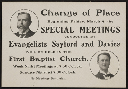 Trade card for the evangelists Sayford and Davies, First Baptist Church, location unknown, undated
