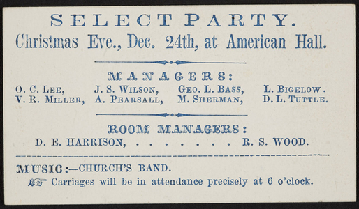 Ticket for select party, Christmas Eve, Dec. 24th at American Hall, location unknown, undated