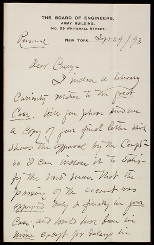 Henry L. Abbot to Thomas Lincoln Casey, September 29, 1893