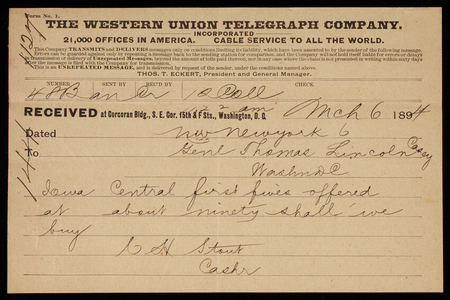 Charles H. Stout to Thomas Lincoln Casey, March 6, 1894, telegram